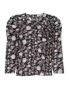ULLA JOHNSON Posey Ruched Floral Silk-Blend Organza Blouse in Midnight, sz 8